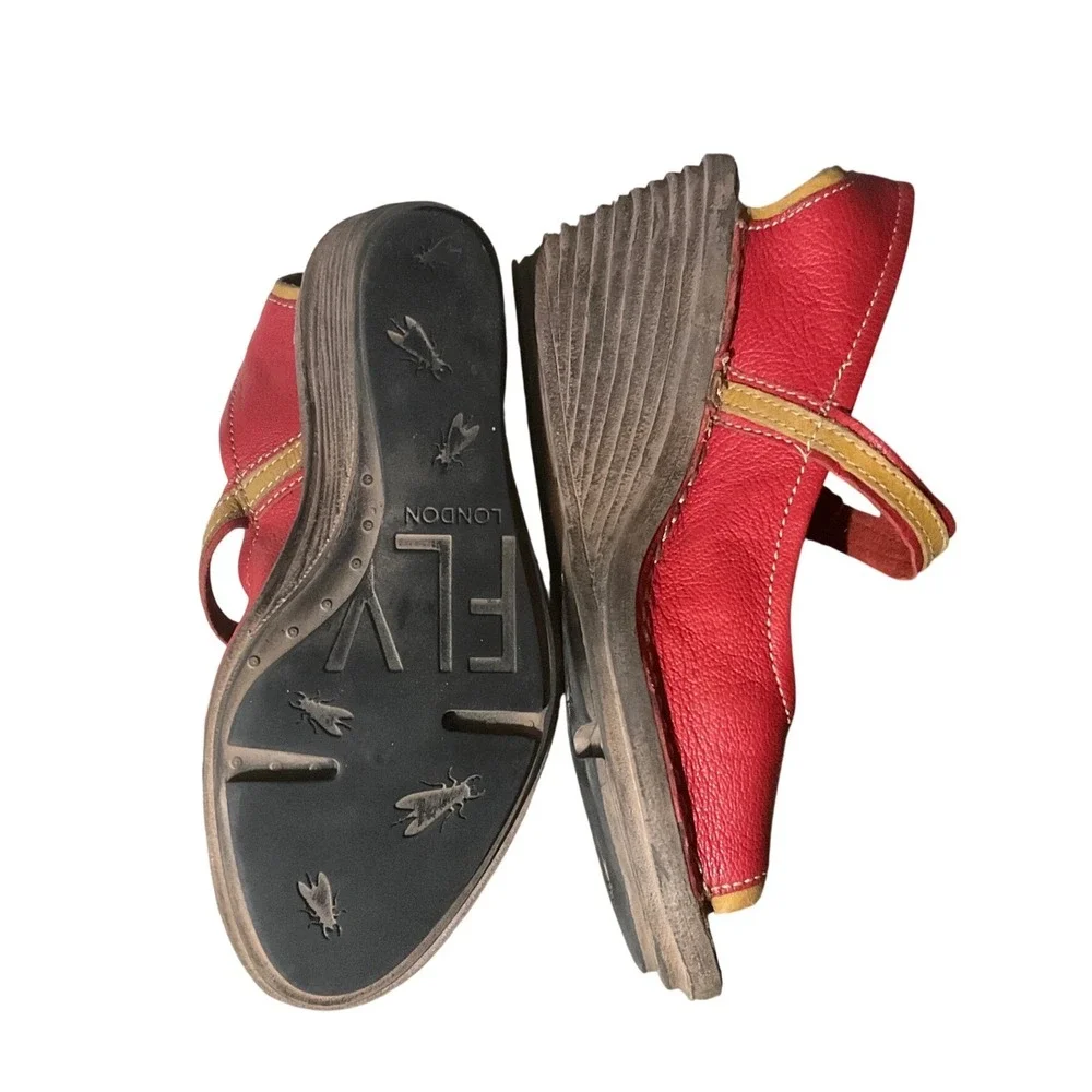 Fly London Wedge Sandals Leather Red Size 38 Mary Jane Peep Toe Boho Quirky
